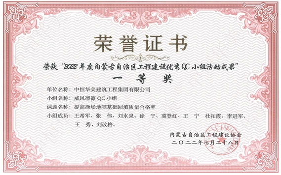 2022年7月榮獲內(nèi)蒙古自治區(qū)工程建設(shè)優(yōu)秀QC小組活動(dòng)成果