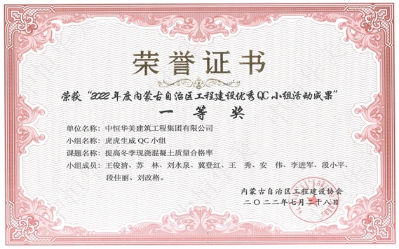 2022年7月榮獲內(nèi)蒙古自治區(qū)工程建設(shè)優(yōu)秀QC小組活動(dòng)成果